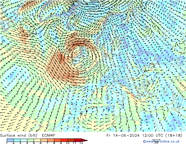Rüzgar 10 m (bft) ECMWF Cu 14.06.2024 12 UTC