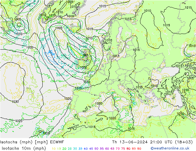 Isotachen (mph) ECMWF Do 13.06.2024 21 UTC