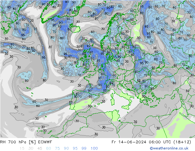 RH 700 гПа ECMWF пт 14.06.2024 06 UTC