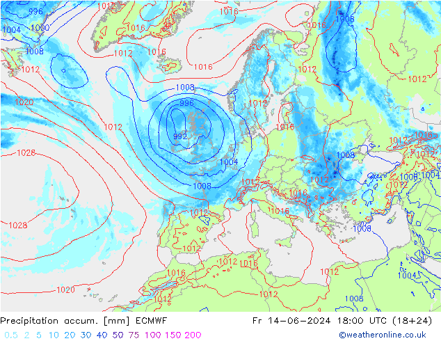 Precipitation accum. ECMWF Pá 14.06.2024 18 UTC