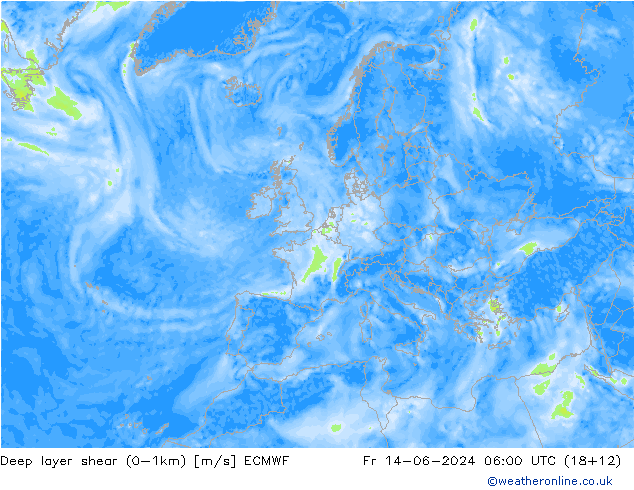 Deep layer shear (0-1km) ECMWF Cu 14.06.2024 06 UTC