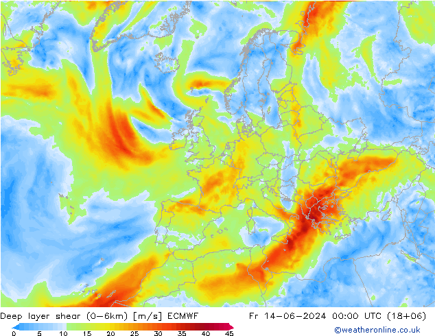 Deep layer shear (0-6km) ECMWF ven 14.06.2024 00 UTC