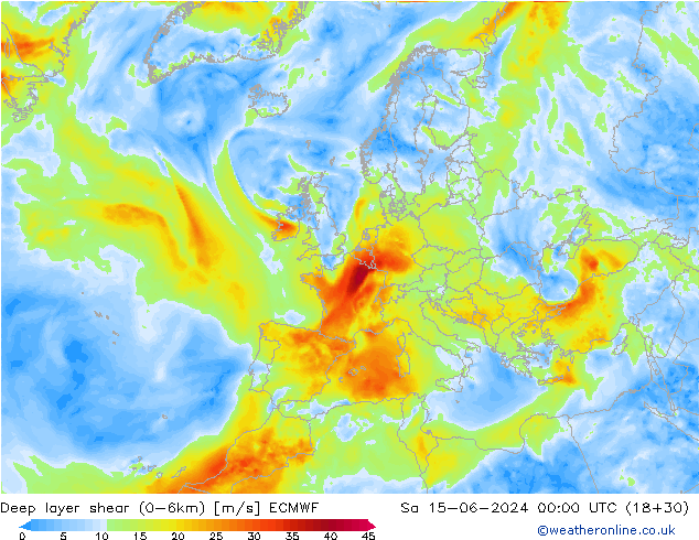 Deep layer shear (0-6km) ECMWF сб 15.06.2024 00 UTC