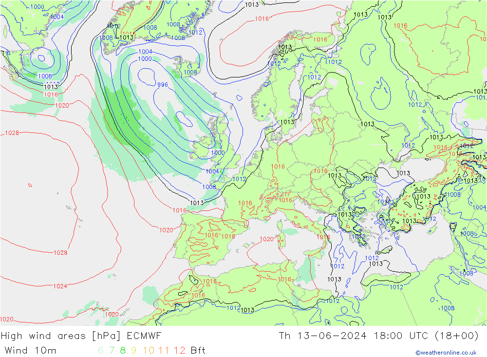 High wind areas ECMWF jue 13.06.2024 18 UTC