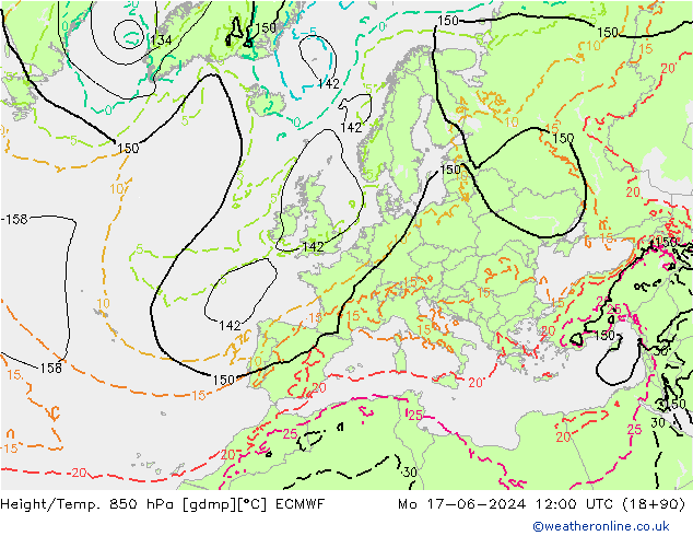 Height/Temp. 850 hPa ECMWF Mo 17.06.2024 12 UTC
