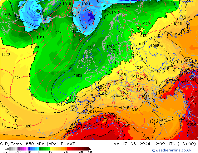 SLP/Temp. 850 hPa ECMWF Seg 17.06.2024 12 UTC