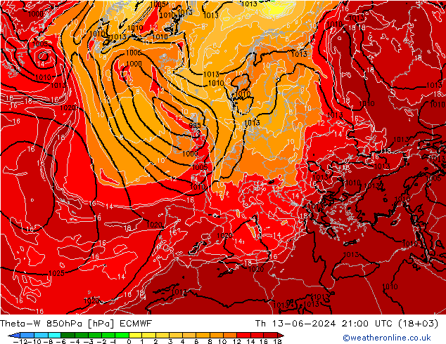 Theta-W 850hPa ECMWF Th 13.06.2024 21 UTC