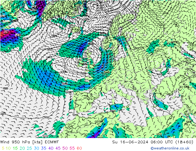 Vento 950 hPa ECMWF Dom 16.06.2024 06 UTC