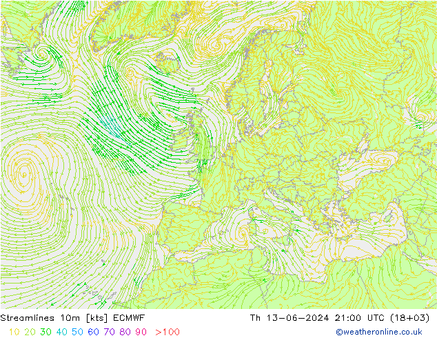 Linia prądu 10m ECMWF czw. 13.06.2024 21 UTC