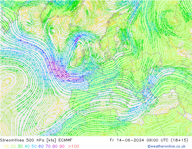 Streamlines 500 hPa ECMWF Pá 14.06.2024 09 UTC