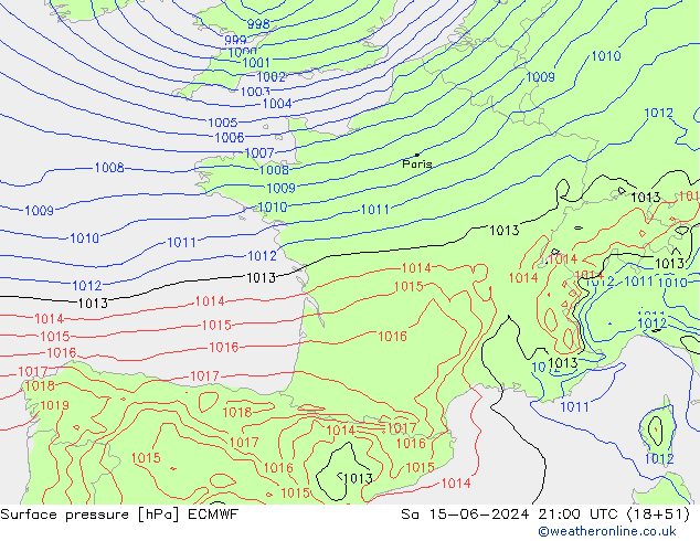 Presión superficial ECMWF sáb 15.06.2024 21 UTC