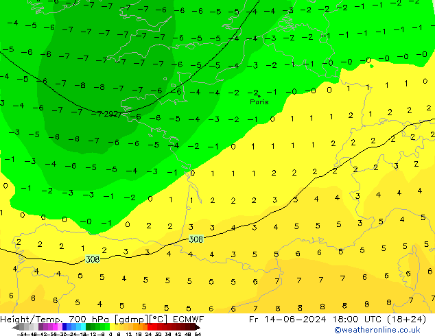 Height/Temp. 700 hPa ECMWF Fr 14.06.2024 18 UTC