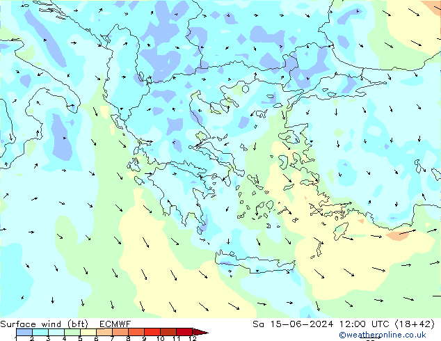 Rüzgar 10 m (bft) ECMWF Cts 15.06.2024 12 UTC