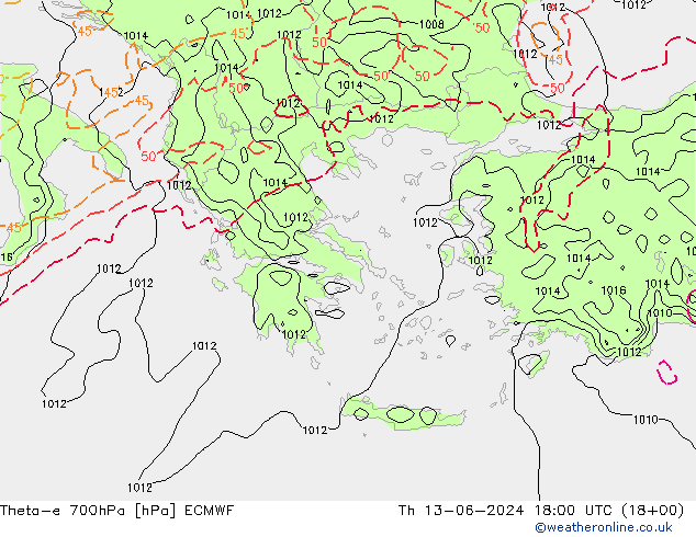 Theta-e 700hPa ECMWF jeu 13.06.2024 18 UTC