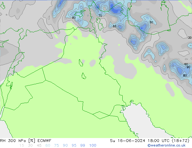 Humidité rel. 300 hPa ECMWF dim 16.06.2024 18 UTC