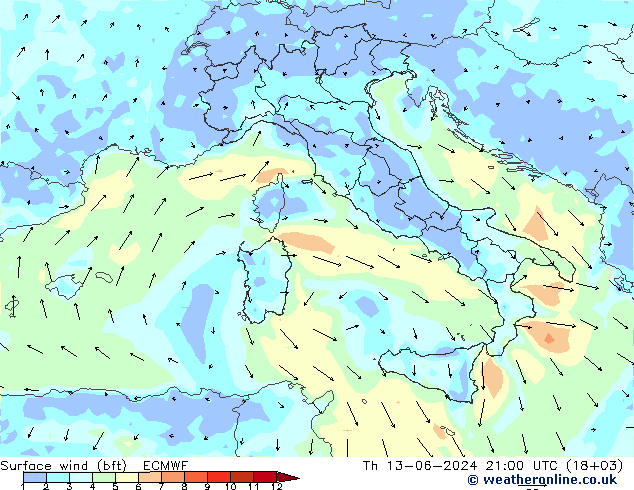  10 m (bft) ECMWF  13.06.2024 21 UTC