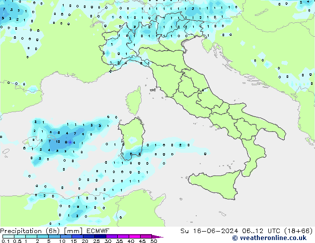 Precipitation (6h) ECMWF Su 16.06.2024 12 UTC