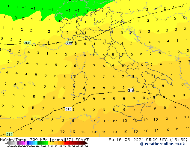 Hoogte/Temp. 700 hPa ECMWF zo 16.06.2024 06 UTC