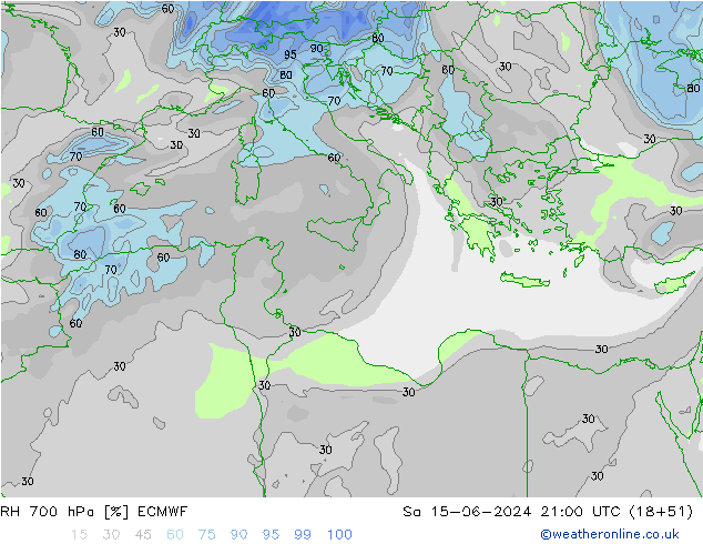 RH 700 hPa ECMWF Sa 15.06.2024 21 UTC