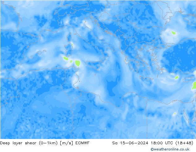 Deep layer shear (0-1km) ECMWF sáb 15.06.2024 18 UTC