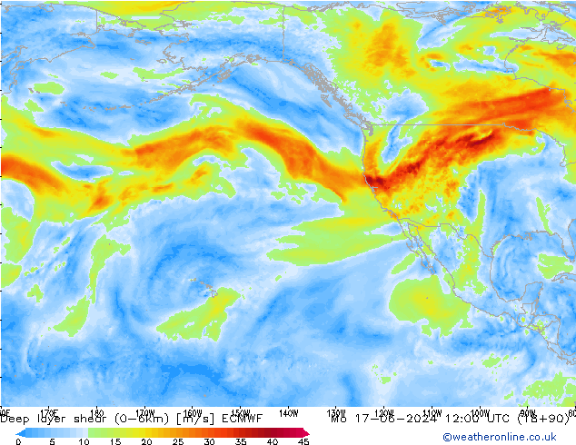 Deep layer shear (0-6km) ECMWF Mo 17.06.2024 12 UTC