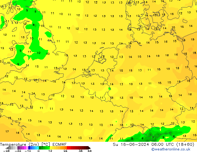 mapa temperatury (2m) ECMWF nie. 16.06.2024 06 UTC