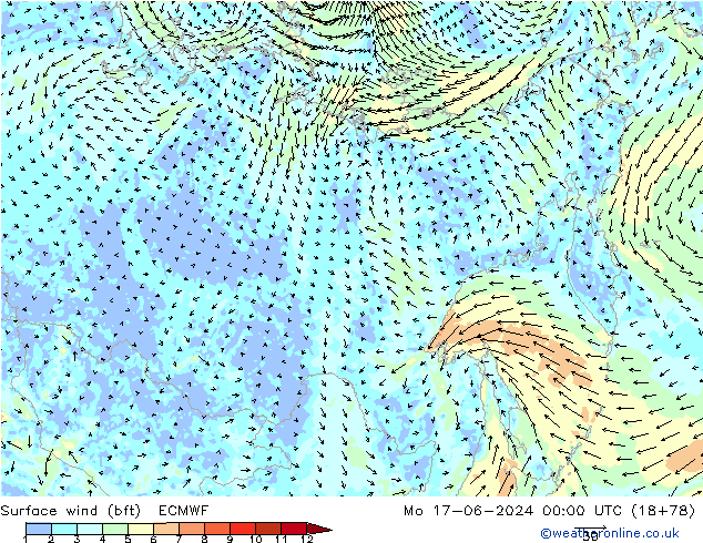 Wind 10 m (bft) ECMWF ma 17.06.2024 00 UTC