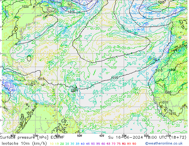 Isotachs (kph) ECMWF dom 16.06.2024 18 UTC