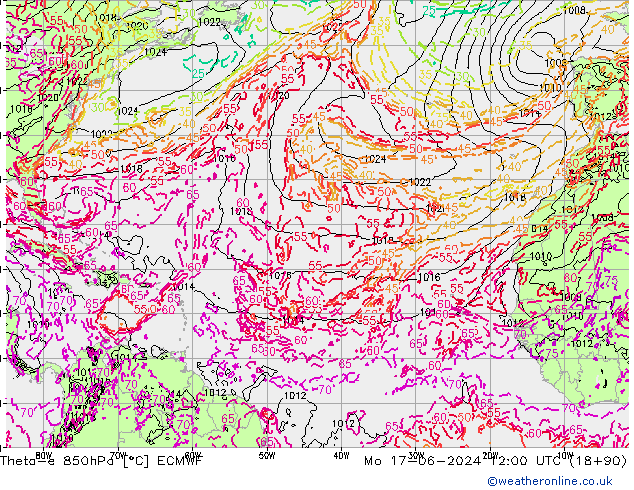 Theta-e 850hPa ECMWF pon. 17.06.2024 12 UTC