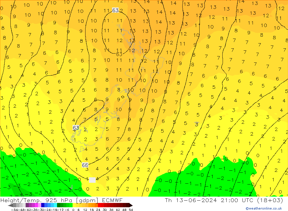 Géop./Temp. 925 hPa ECMWF jeu 13.06.2024 21 UTC