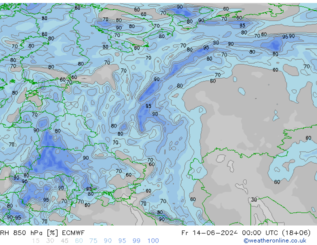 Humidité rel. 850 hPa ECMWF ven 14.06.2024 00 UTC
