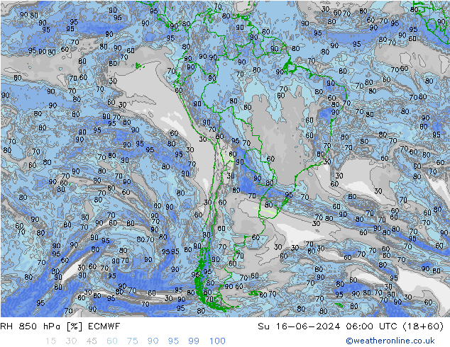 Humidité rel. 850 hPa ECMWF dim 16.06.2024 06 UTC