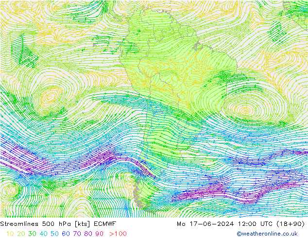 Linha de corrente 500 hPa ECMWF Seg 17.06.2024 12 UTC