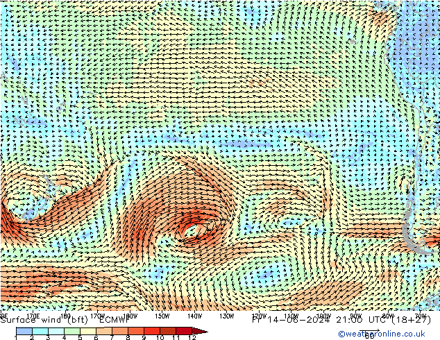 ве�Bе�@ 10 m (bft) ECMWF пт 14.06.2024 21 UTC