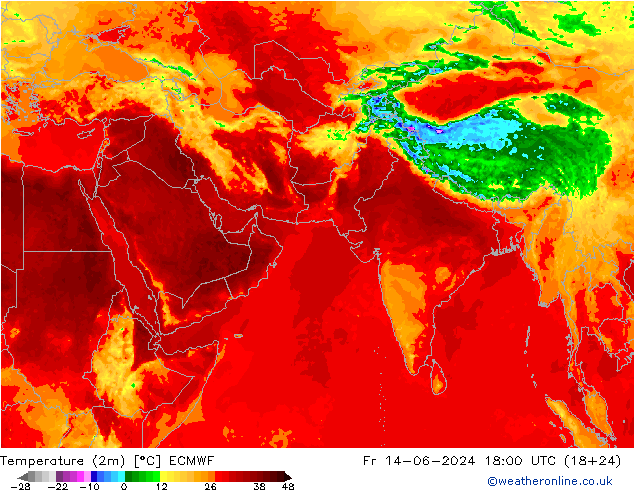 Temperature (2m) ECMWF Fr 14.06.2024 18 UTC