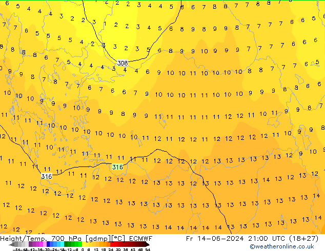 Height/Temp. 700 hPa ECMWF Fr 14.06.2024 21 UTC