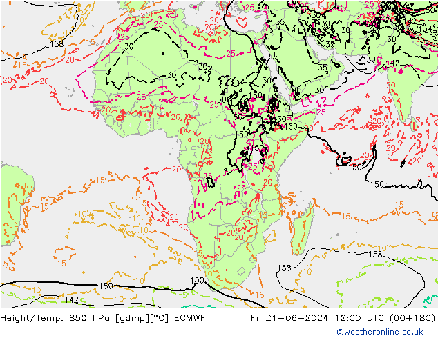 Height/Temp. 850 hPa ECMWF Fr 21.06.2024 12 UTC