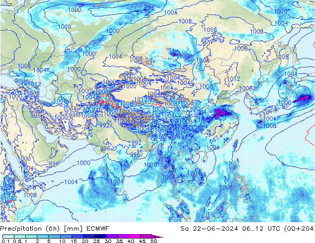 Precipitation (6h) ECMWF Sa 22.06.2024 12 UTC