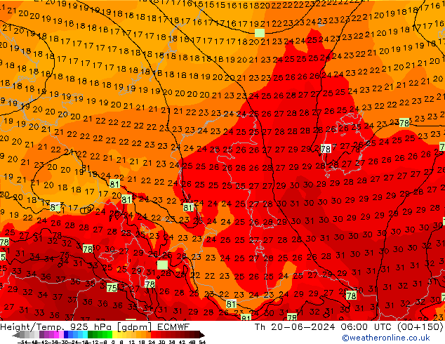 Height/Temp. 925 hPa ECMWF Th 20.06.2024 06 UTC