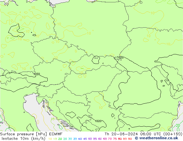 Isotaca (kph) ECMWF jue 20.06.2024 06 UTC