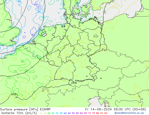10米等风速线 (kph) ECMWF 星期五 14.06.2024 06 UTC
