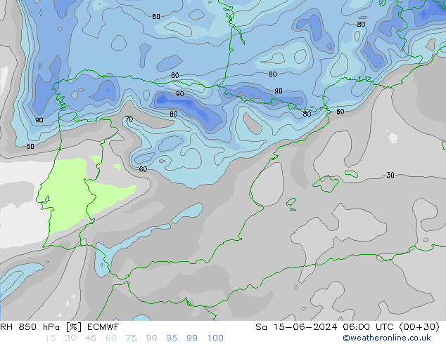 RH 850 hPa ECMWF Sáb 15.06.2024 06 UTC