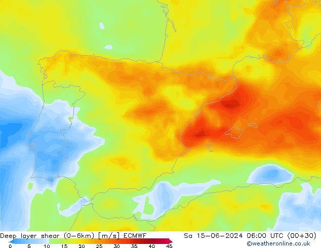 Deep layer shear (0-6km) ECMWF Sáb 15.06.2024 06 UTC