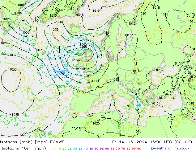 Isotachs (mph) ECMWF пт 14.06.2024 06 UTC