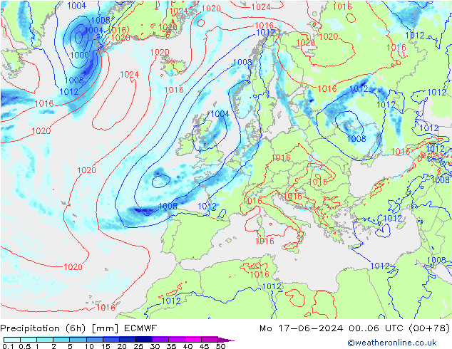 Z500/Rain (+SLP)/Z850 ECMWF pon. 17.06.2024 06 UTC