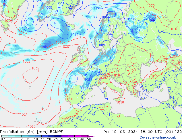 Precipitazione (6h) ECMWF mer 19.06.2024 00 UTC