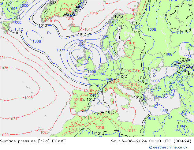 Presión superficial ECMWF sáb 15.06.2024 00 UTC