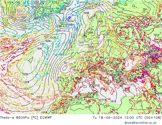 Theta-e 850hPa ECMWF wto. 18.06.2024 12 UTC