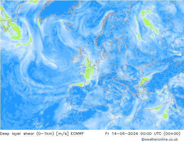 Deep layer shear (0-1km) ECMWF Fr 14.06.2024 00 UTC