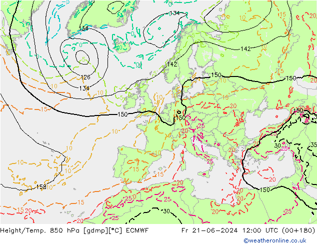 Height/Temp. 850 гПа ECMWF пт 21.06.2024 12 UTC